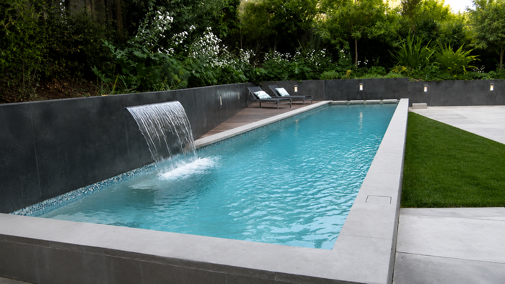 Custom pool with waterfall feature and lush garden border
